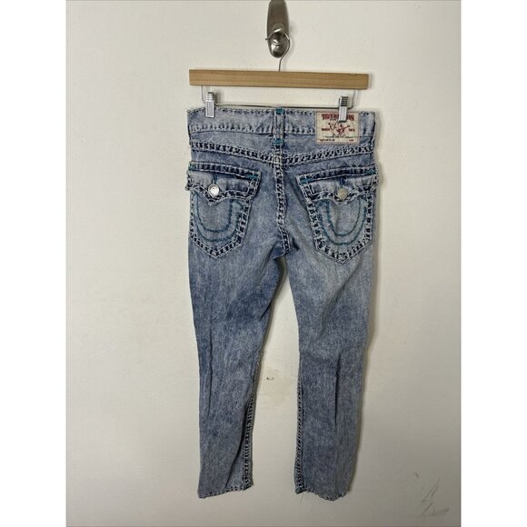 True Religion Men 30X33 Slim Blue Stitch Denim Jeans Stone Wash Distressed - Picture 6 of 9